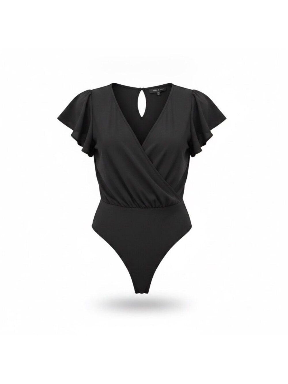 Ash & Violet Womens Black Wrap Bodysuit With Flutter Sleeve Size M